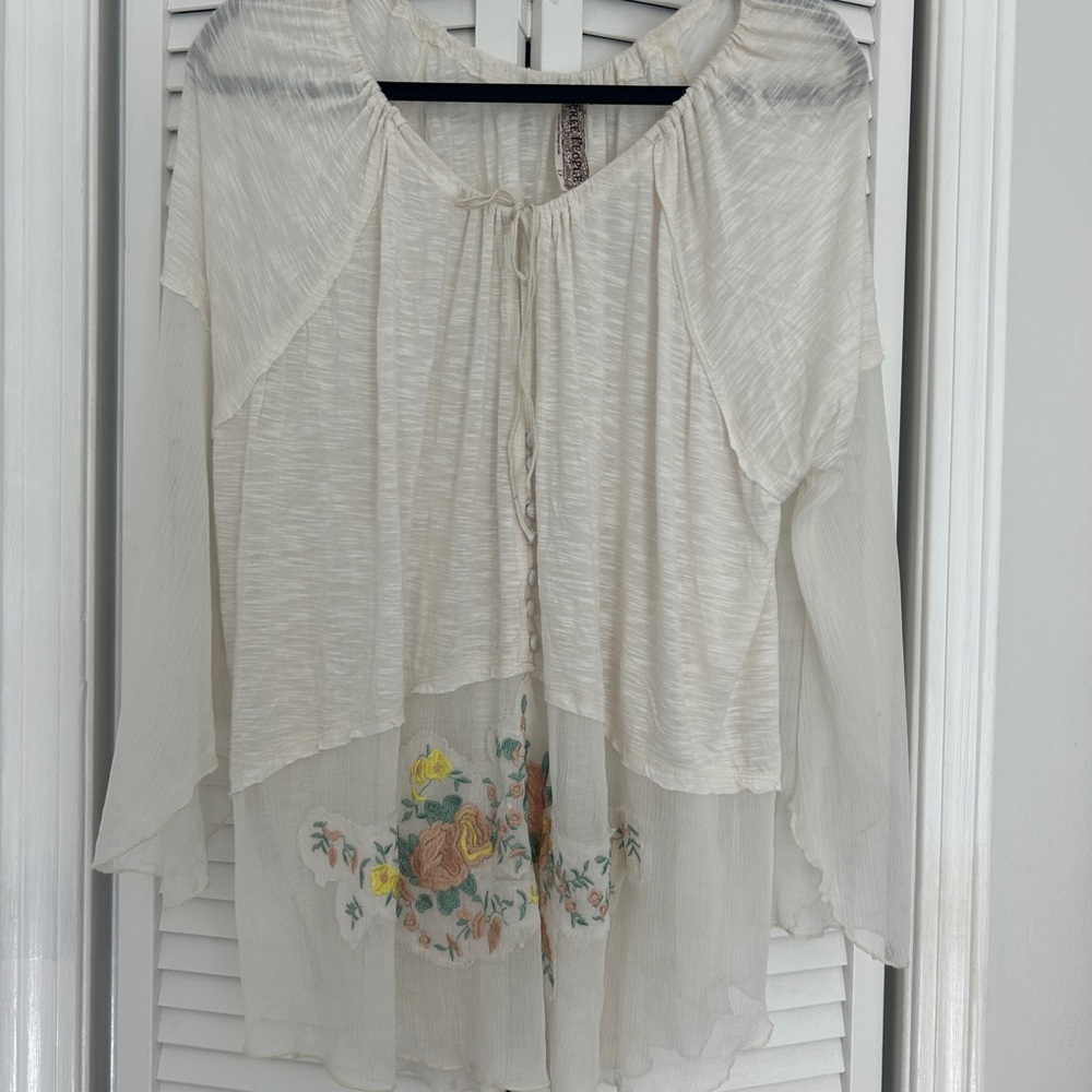 Vintage Free People Cream Layered Peasant Tunic with Floral Appliqué